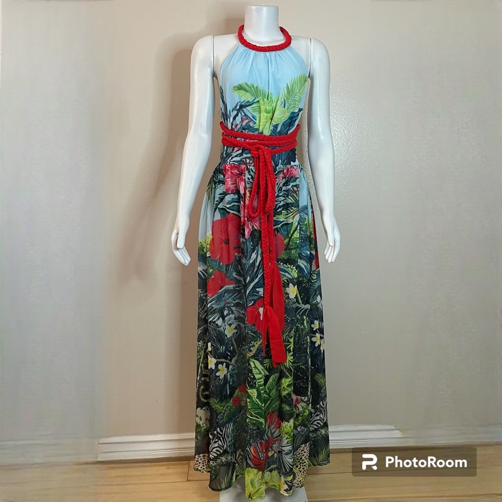 Floral print braided halter neck open back built in panty  side slit maxi dress